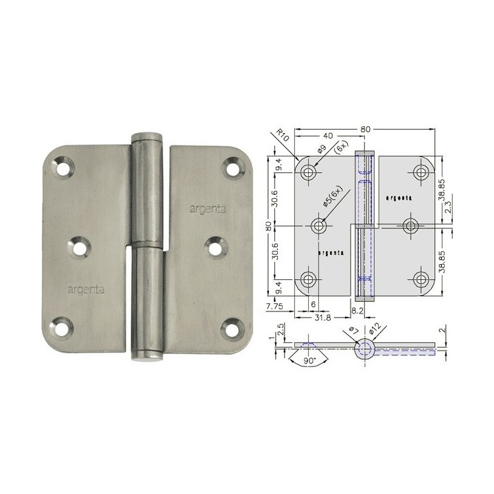 PAUMELLE DROITE 80X80 - INOX RF 60 MIN - ARGENTA